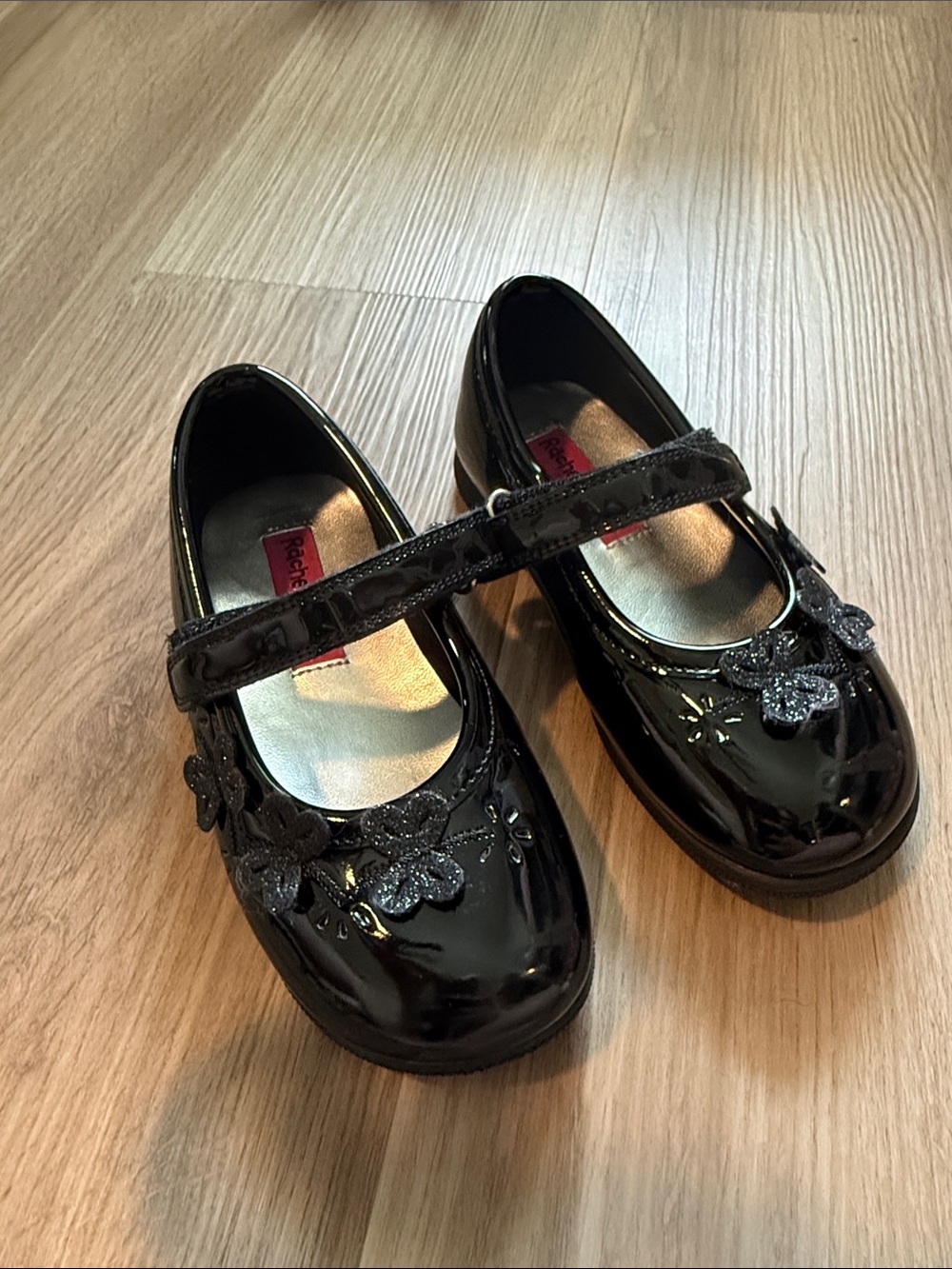 Rachel Shoes Black Patent Mary Janes with Glitter Flower Accents